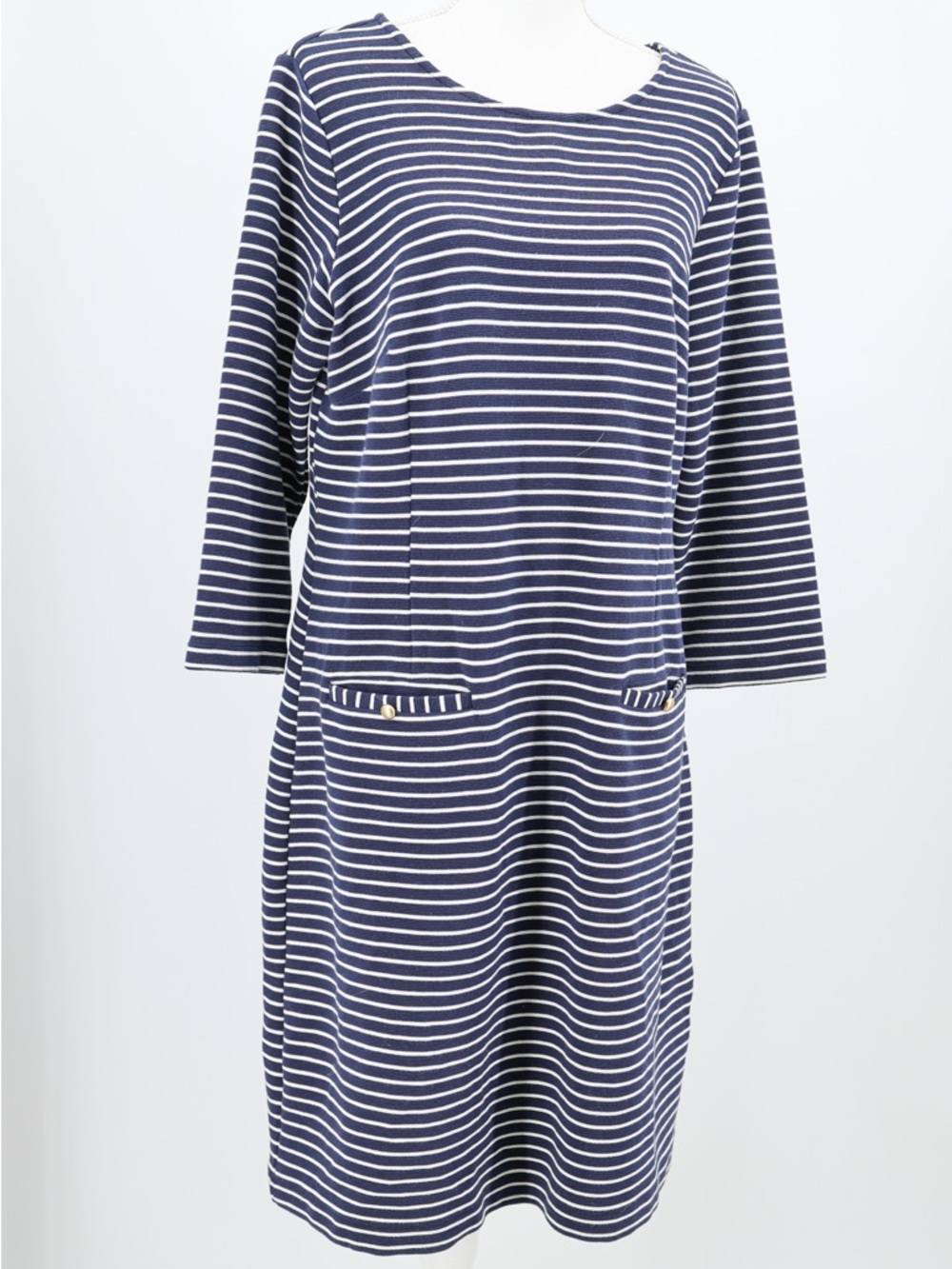 Talbots Breton Stripe Nautical Shift‎ Midi Dress Blue White Pockets Preppy 14